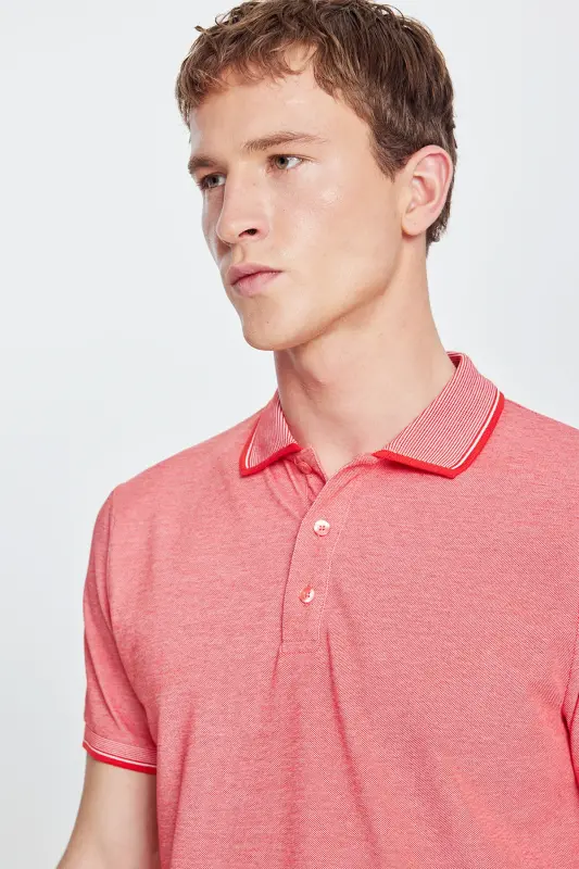 Men's Non-Shrink Cotton Fabric Slim Fit Narrow Cut Orange Blossom-White Wrinkle-Free Polo Neck T-Shirt - 6