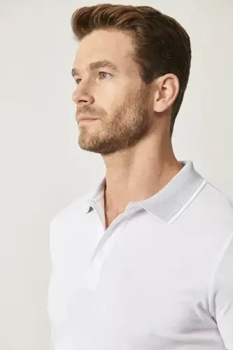 Men's Non-Wrinkle Cotton Slim Fit Narrow Cut White Polo Collar T-shirt - 5