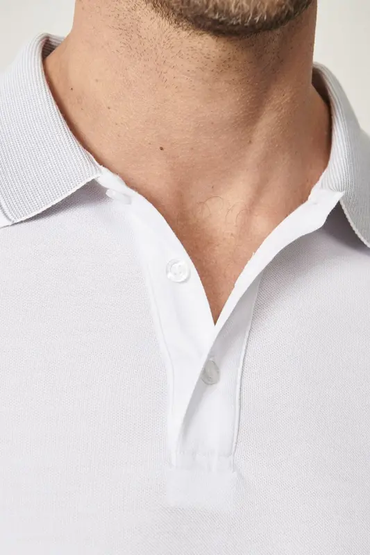 Men's Non-Wrinkle Cotton Slim Fit Narrow Cut White Polo Collar T-shirt - 6