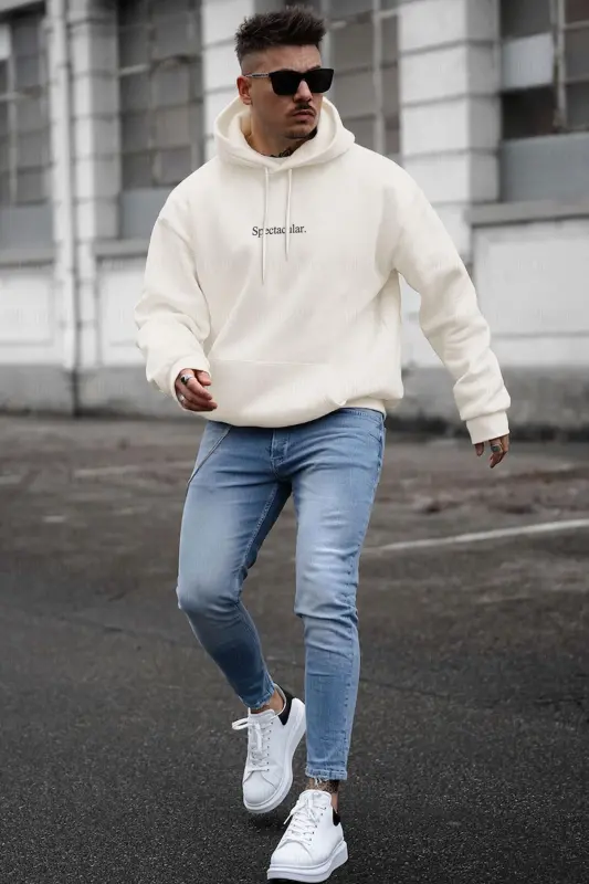 Men's Off White Cream Ecru Spectacular Printed 3 Thread Fleece Hooded Kangaroo Pocket Oversize Sa-Ecru - 3