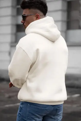 Men's Off White Cream Ecru Spectacular Printed 3 Thread Fleece Hooded Kangaroo Pocket Oversize Sa-Ecru - 4