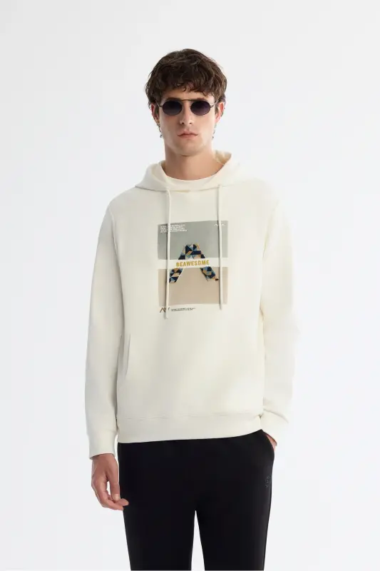 Men's Off-White Hooded Cotton Printed Elastane Sweatshirt - 1