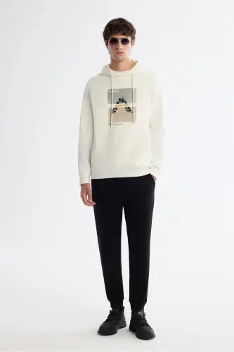 Men's Off-White Hooded Cotton Printed Elastane Sweatshirt - 6