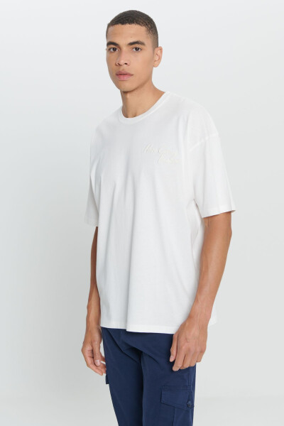Men's Off-White Oversize Fit Loose Cut 100% Cotton Printed Crew Neck T-Shirt - 11