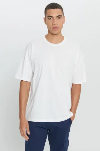 Men's Off-White Oversize Fit Loose Cut 100% Cotton Printed Crew Neck T-Shirt - 5