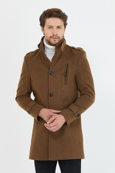 Men's Olive Slim Fit Notch Lapel Long Wool Blend Cashmere Coat - MERO LIFE
