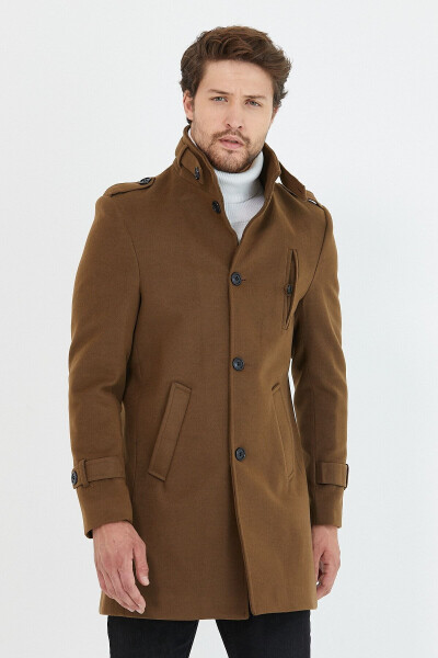 Men's Olive Slim Fit Notch Lapel Long Wool Blend Cashmere Coat - MERO LIFE (1)