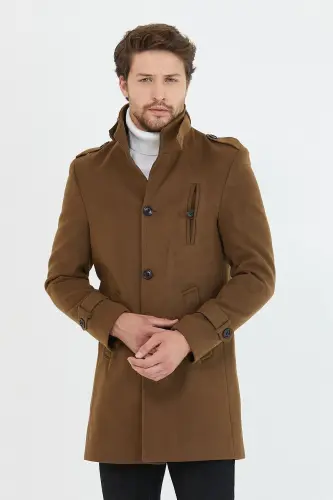 Men's Olive Slim Fit Notch Lapel Long Wool Blend Cashmere Coat 