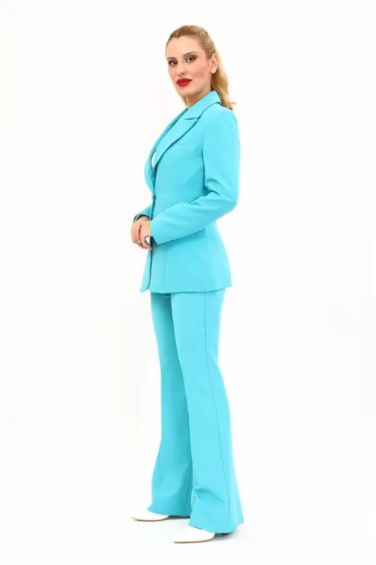 Men's One Button Classic Collar Jacket & Flared Pants-Turquoise-Turquoise - 2