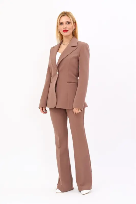 Men's One Button Classic Jacket & Flare Leg Pants-Brown-Brown - 5