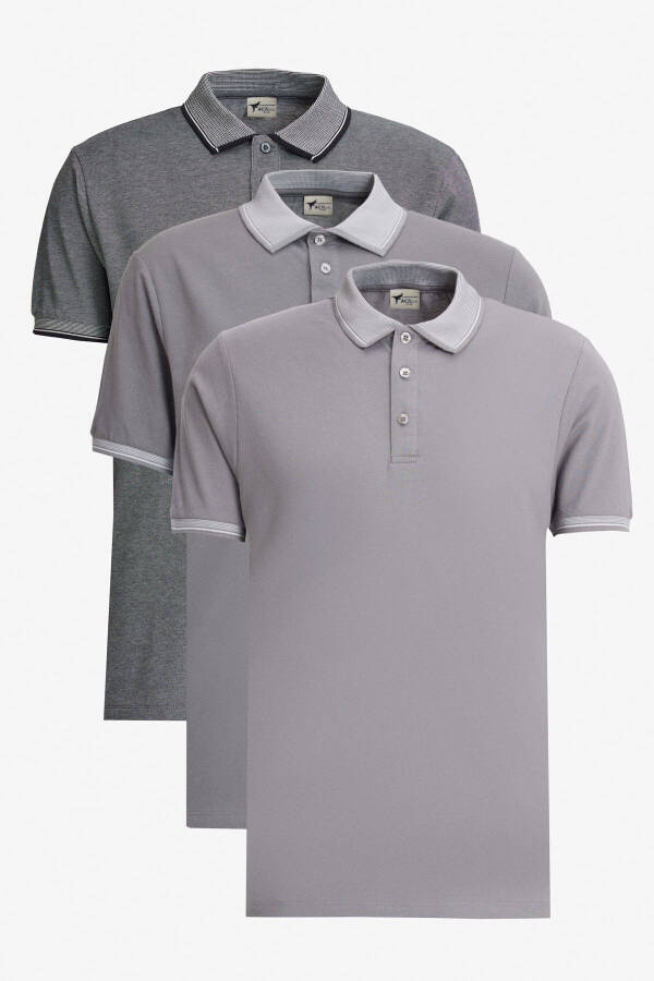 Men's Open Black-Light Grey-Dark Grey 3 Pack Non-Iron Cotton Slim Fit Non-Crease Polo Neck T-Shirt - 1