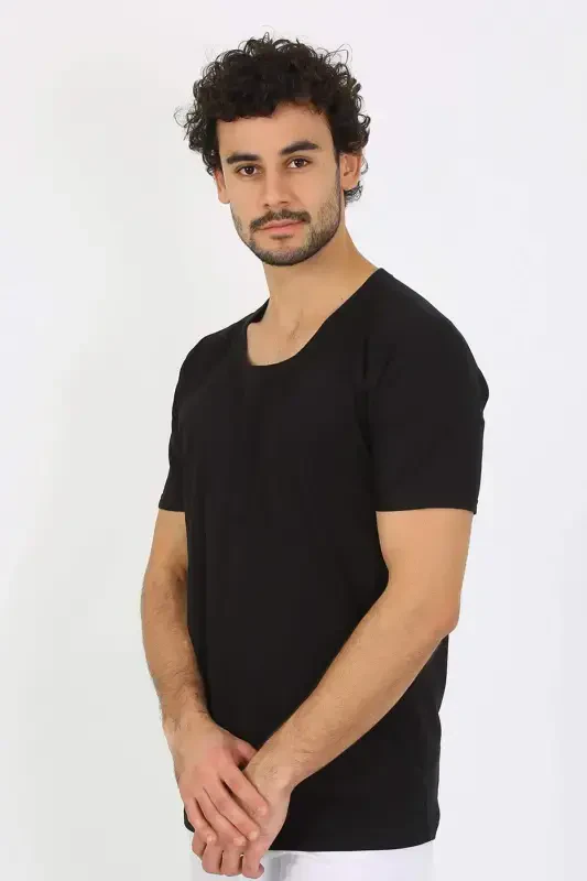 Men's Open Collar Black Knitted Tank Top 6565 - 2