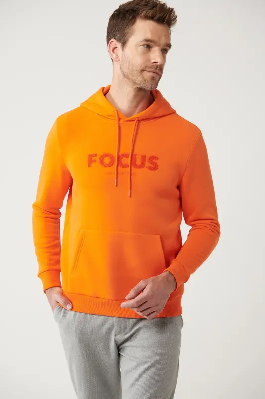 Men's Orange Hoodie 3 Thread Combed Cotton Kangaroo C - 1
