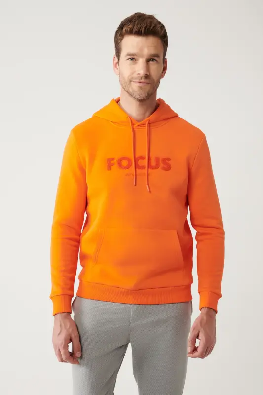 Men's Orange Hoodie 3 Thread Combed Cotton Kangaroo C - 3