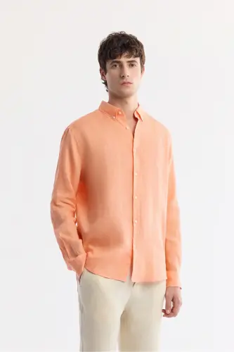 Men's Orange Linen Shirt, Button-Down Collar, Comfort Fit, B002191 