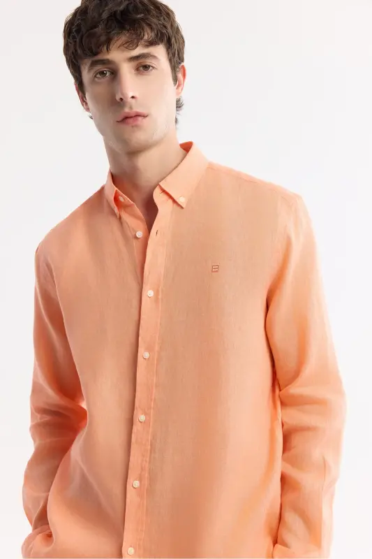 Men's Orange Linen Shirt, Button-Down Collar, Comfort Fit, B002191 - 3