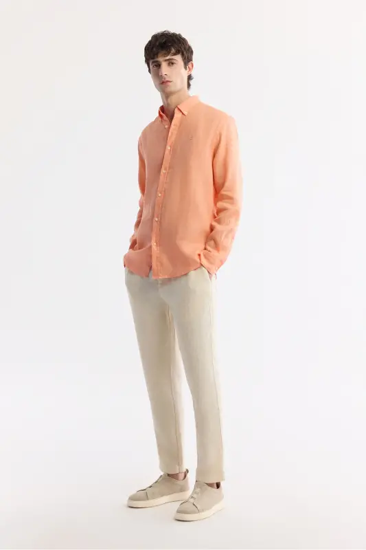 Men's Orange Linen Shirt, Button-Down Collar, Comfort Fit, B002191 - 4