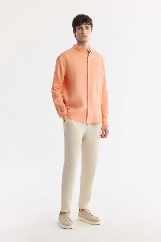 Men's Orange Linen Shirt, Button-Down Collar, Comfort Fit, B002191 - 7