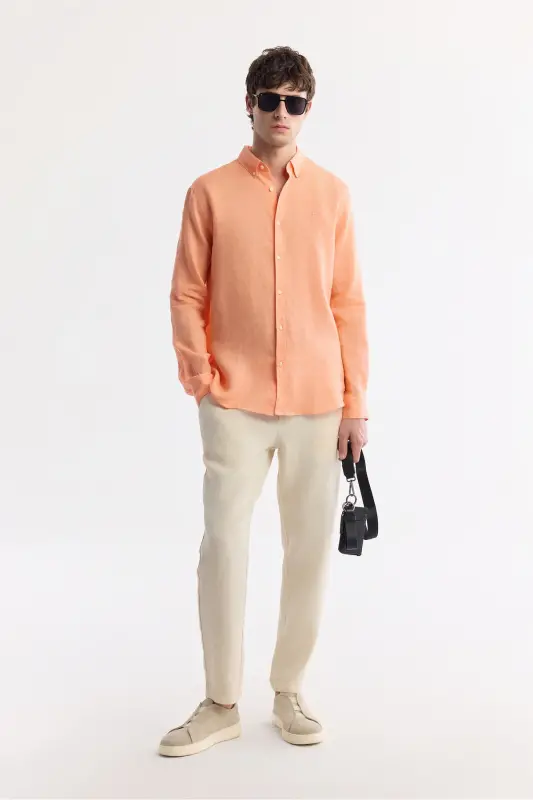 Men's Orange Linen Shirt, Button-Down Collar, Comfort Fit, B002191 - 8