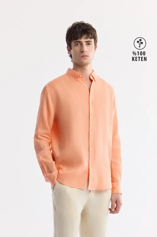 Men's Orange Linen Shirt, Button-Down Collar, Comfort Fit, B002191 - AVVA
