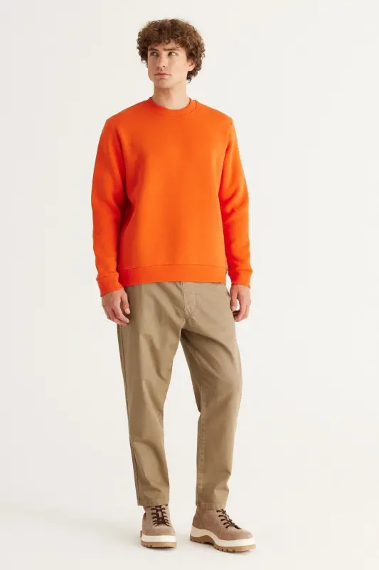 Men's Orange Standard Fit Regular Cut Fleece Lined 3-Thread Crew Neck Cotton Sweatshirt - Orange - 4