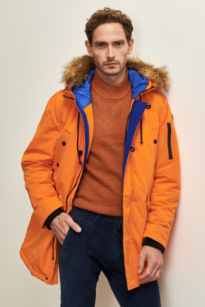 Men's Orange Standard Fit Regular Fit Hooded Coat - 5