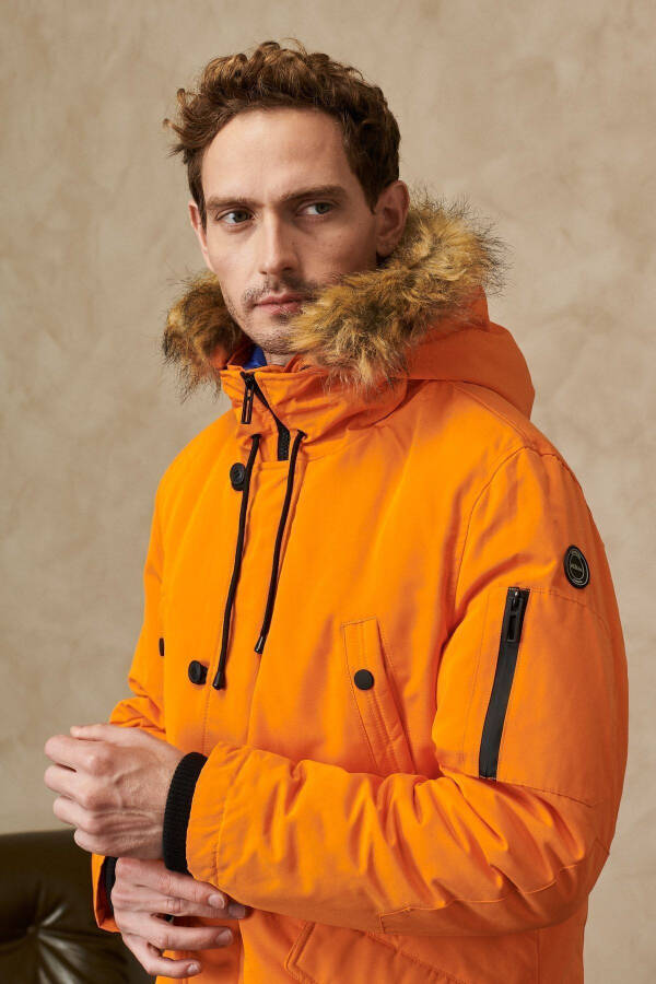 Men's Orange Standard Fit Regular Fit Hooded Coat - 6