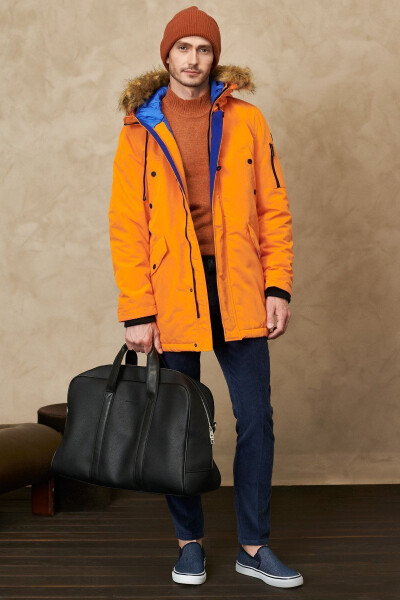 Men's Orange Standard Fit Regular Fit Hooded Coat - 7