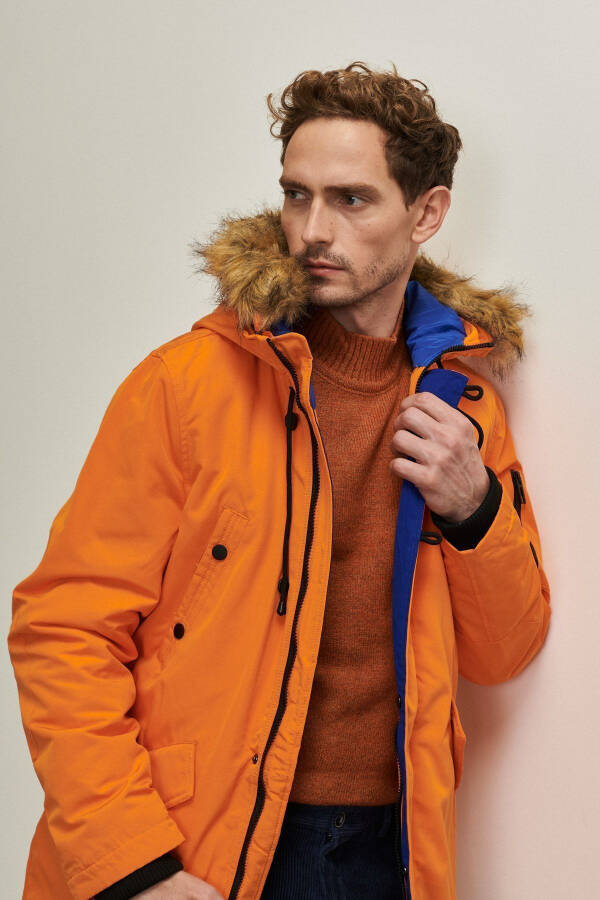 Men's Orange Standard Fit Regular Fit Hooded Coat - 8