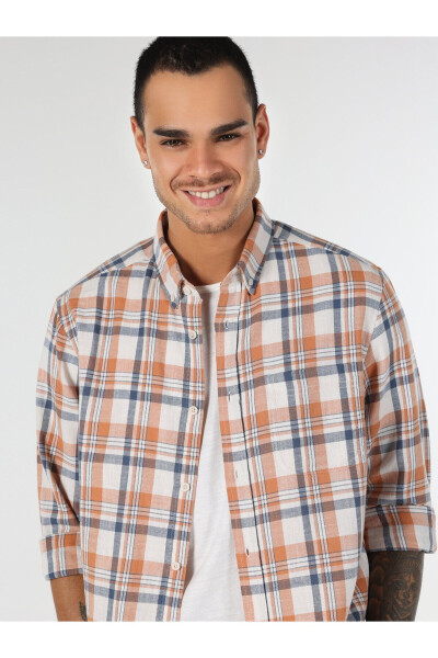 Men's orange striped, regular fit, long-sleeved shirt. - 1