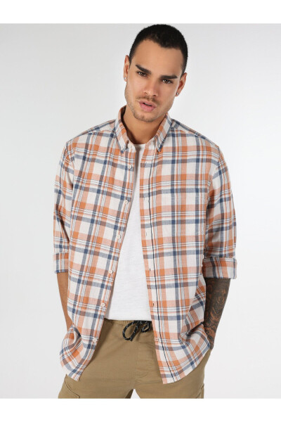 Men's orange striped, regular fit, long-sleeved shirt. - 3