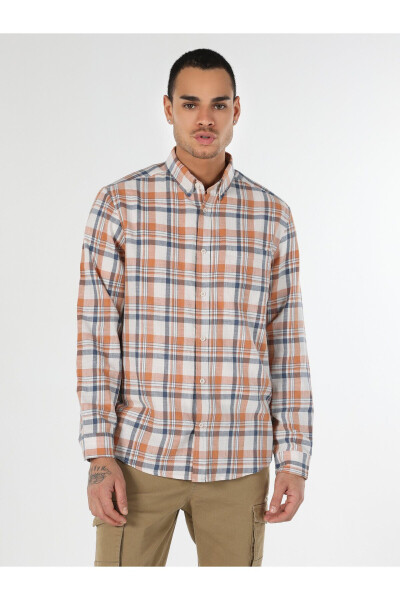 Men's orange striped, regular fit, long-sleeved shirt. - 4