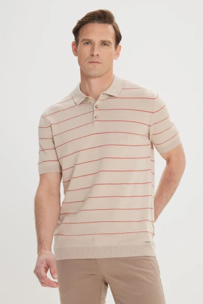 Men's ORANGE VISON - Standard Fit Regular Cut 100% Cotton Striped Polo Collar Knitted T-Shirt - 1