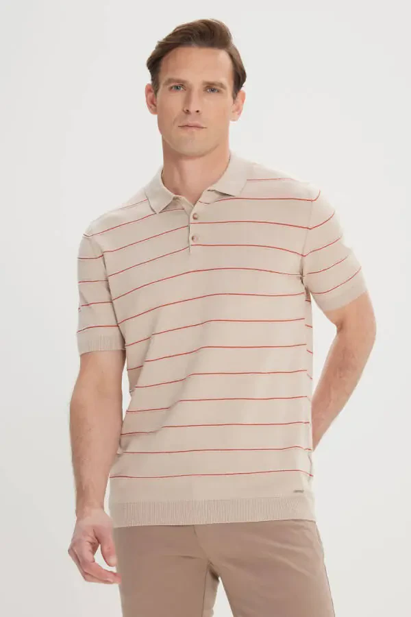 Men's ORANGE VISON - Standard Fit Regular Cut 100% Cotton Striped Polo Collar Knitted T-Shirt - 1