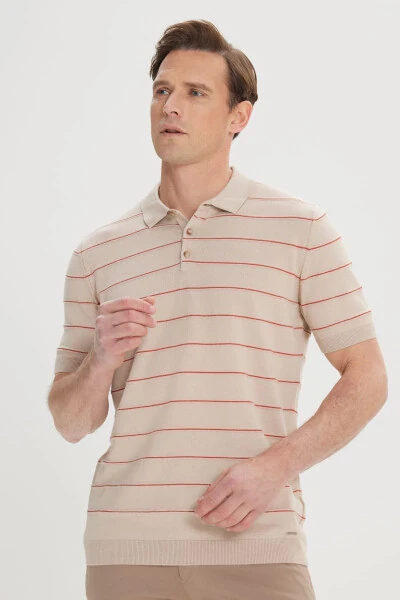 Men's ORANGE VISON - Standard Fit Regular Cut 100% Cotton Striped Polo Collar Knitted T-Shirt - 3