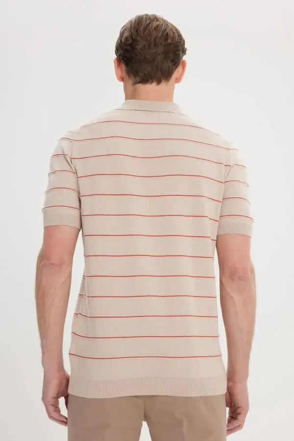 Men's ORANGE VISON - Standard Fit Regular Cut 100% Cotton Striped Polo Collar Knitted T-Shirt - 5