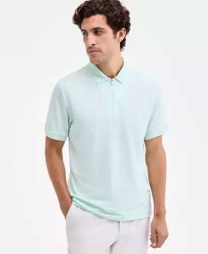 Men's Ottoman Short Sleeve Textured Quarter-Zip Polo Shirt, Exclusively at Modazone - Buttermint - 1
