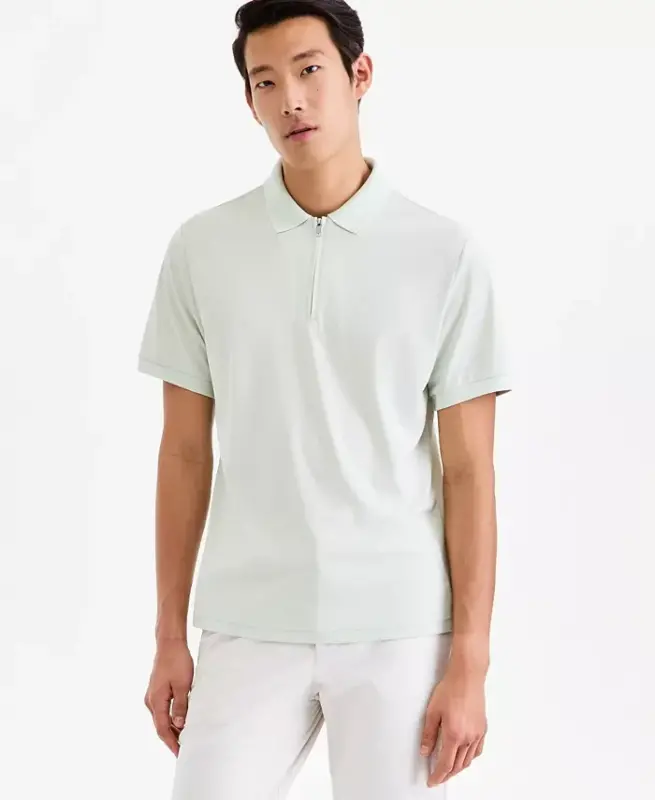 Men's Ottoman Short Sleeve Textured Quarter-Zip Polo Shirt, Exclusively at Modazone - Frosty Mint - 1