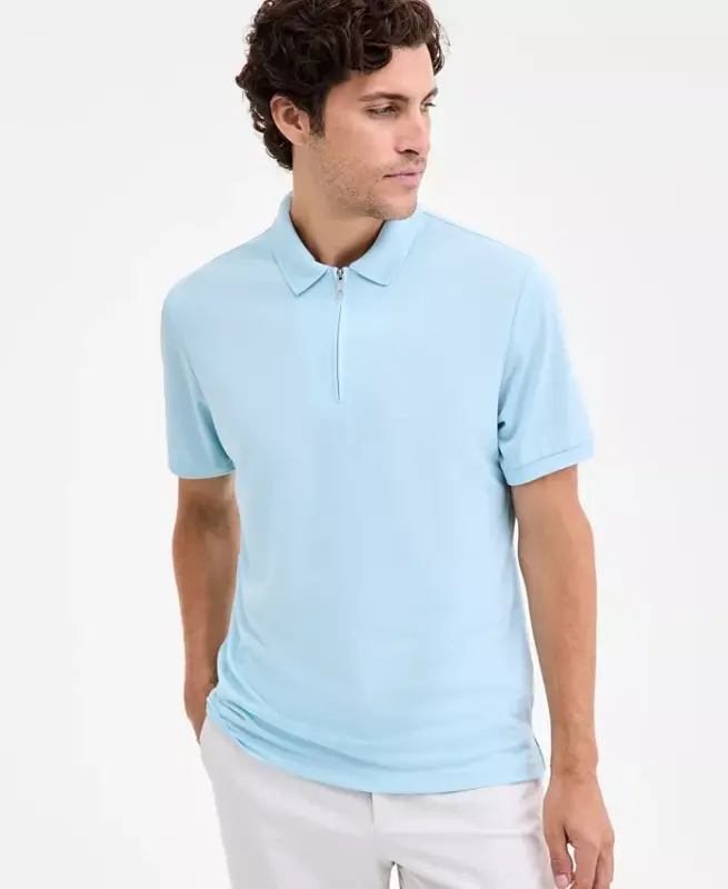 Men's Ottoman Short Sleeve Textured Quarter-Zip Polo Shirt, Exclusively at Modazone - Hushed Blue - ALFANI
