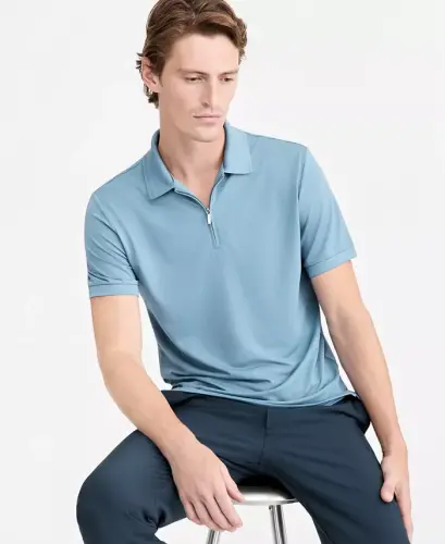 Men's Ottoman Short Sleeve Textured Quarter-Zip Polo Shirt, Exclusively at Modazone - Moonlight Blue - 3