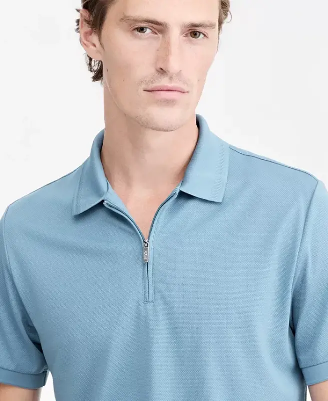 Men's Ottoman Short Sleeve Textured Quarter-Zip Polo Shirt, Exclusively at Modazone - Moonlight Blue - 4