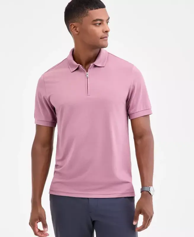 Men's Ottoman Short Sleeve Textured Quarter-Zip Polo Shirt, Exclusively at Modazone - Smoked Rose - ALFANI
