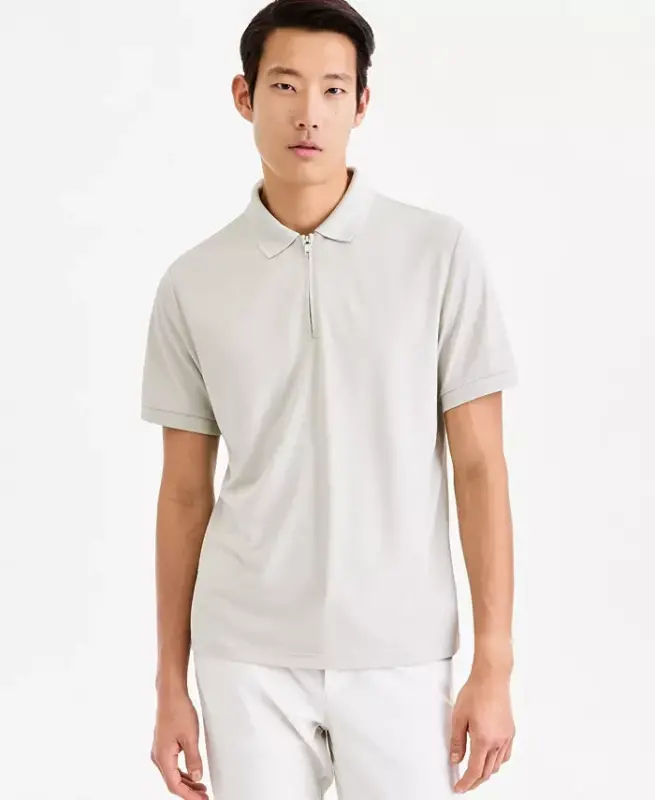 Men's Ottoman Short Sleeve Textured Quarter-Zip Polo Shirt, Exclusively at Modazone - Stone Wall - 1