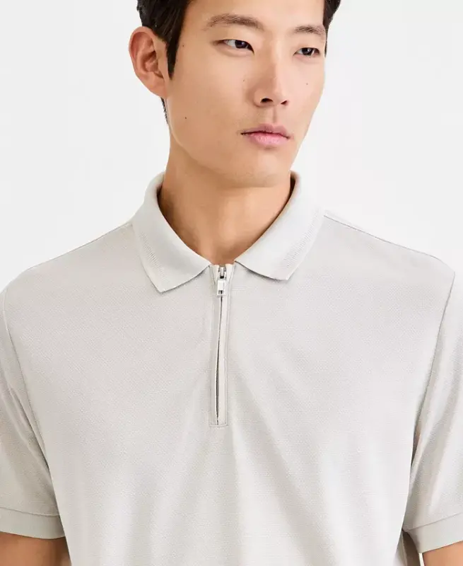 Men's Ottoman Short Sleeve Textured Quarter-Zip Polo Shirt, Exclusively at Modazone - Stone Wall - 4
