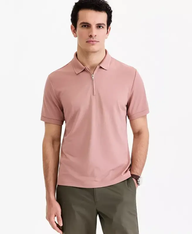 Men's Ottoman Short Sleeve Textured Quarter-Zip Polo Shirt, Exclusively at Modazone - Waimea - ALFANI