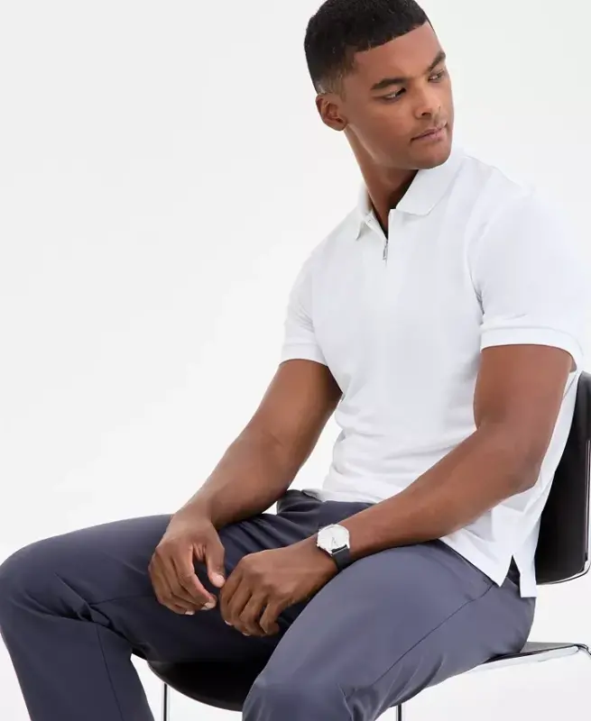 Men's Ottoman Short Sleeve Textured Quarter-Zip Polo Shirt, Exclusively at Modazone - Washed White - 1