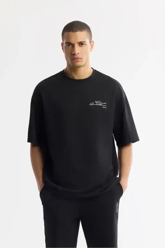 Men's Oversize Fit Black Crew Neck Cotton 2 Thread T-Shirt A51Y1095 - 1