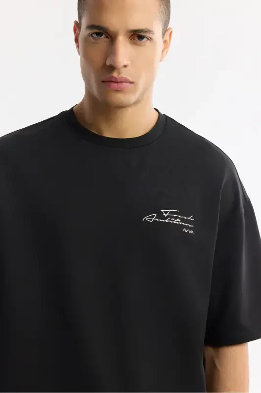 Men's Oversize Fit Black Crew Neck Cotton 2 Thread T-Shirt A51Y1095 - 2