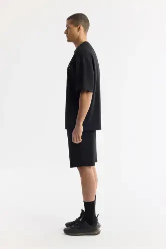 Men's Oversize Fit Black Crew Neck Cotton 2 Thread T-Shirt A51Y1095 - 3