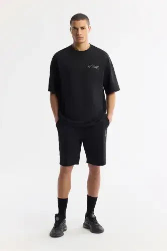 Men's Oversize Fit Black Crew Neck Cotton 2 Thread T-Shirt A51Y1095 - 5